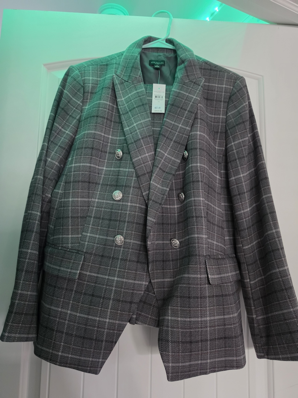 Ann Taylor Men's Gray Plaid Double-Breasted Blazer